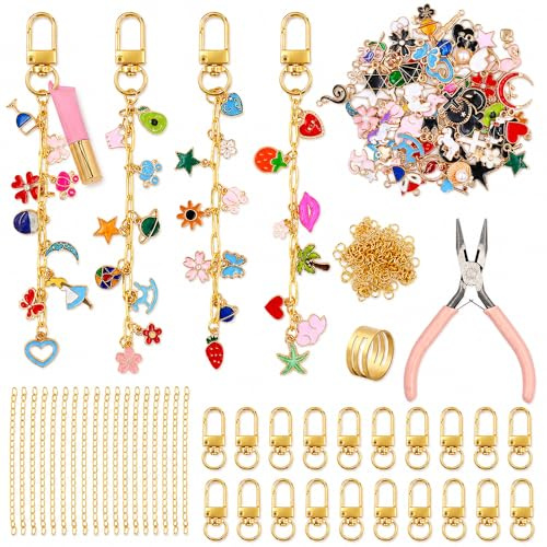 302 Pcs DIY Schlüsselanhänger Selber Machen, Anhänger Keychain Set inklusive 100 Charms, 20 Schlüsselanhänger Clips, 20 Verlängerungsketten, 160 Biegeringen und Schmuckzange