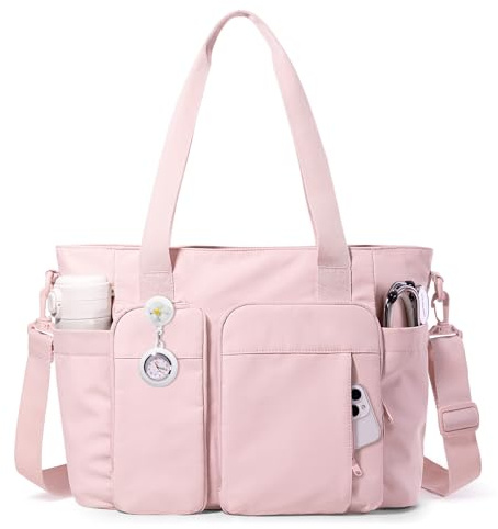 Marscamd Nurse Tote Bag with Crossbody Strap, 9-Pocket Clinical Bag for Nursing Students with Laptop Sleeve, Bag for Work, School, Teacher, Pink