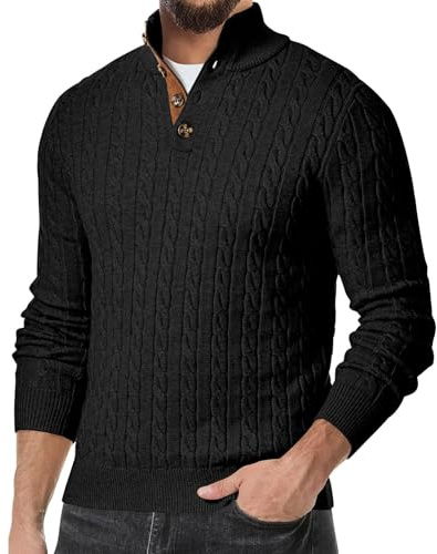 Jersey para hombre con patrón trenzado, informal, cuello alto, suéter de punto grueso, manga larga, cuello en V, camiseta funcional, sudadera sin capucha con botones de presión, suéter de invierno, 01