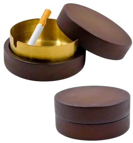 HVIHWI 1Unidad Cenicero Exterior de Madera de Nogal con Tapa, Cenicero para Exterior e Interior AntiOlores, Cenicero con Base de Acero Inoxidable Extraíble y Fácil de Limpiar para Hogar,Oficina,Jardín