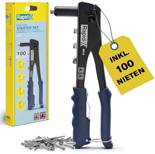 Rapid RP10 Kit Rivettatrice Manuale con 100 Rivetti in Alluminio, Chiave Integrata e Impugnatura Morbida per Rivetti a Strappo da 3.2, 4.0, 4.8mm (5001718)