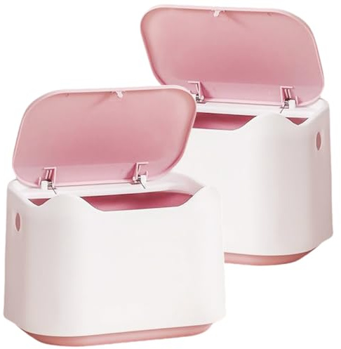 Healifty Lot de 2 Poubelles de Bureau à Pression Petites Poubelles de Table Blanches et Roses Compactes et Légères Couvercle pour Bureau la Cuisine Chambre et Salle de Bain
