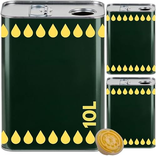 3 Lattine per Olio di Oliva, Lattina Verde con Litografia Gocce Oro, in Metallo, Contenitore Alimentare, Latta da 10 Litri con Tappo e Maniglia