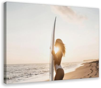 Leinwandposter Bali Sonnenuntergang Surfer-Mädchen, Schlafzimmer, Dekoration, Landschaft, Büro, Raumdekoration, Geschenk, 60 x 90 cm