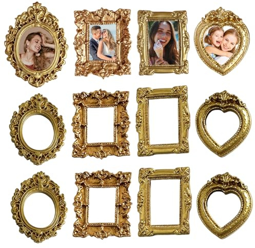 AZIDWERYQ 12 marcos dorados pequeños, mini marcos de fotos de resina antigua barroca, decoración de bodas para fiestas navideñas para Navidad, oro pequeño