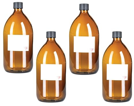 TEC Bottiglie da 1 litro in vetro ambrato riciclato al 65% realizzate nel Regno Unito, grandi con tappi per la pulizia e per acqua, olio per capelli, oli essenziali, riciclabili, con etichette avvolte