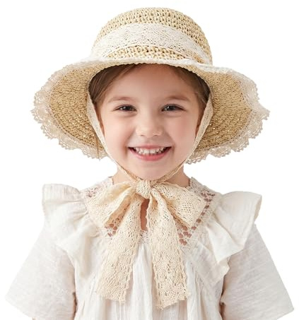 Cappello anti UV UPF50+ bambino 2-5 anni, Cappello paglia beige pizzo lacci, Lavorato a mano traspirante pieghevole, Circonferenza 40-45cm, Ideale spiaggia e esterno
