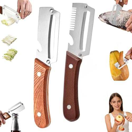 Économe à légumes multifonction – Économe en acier inoxydable avec manche en bois, modèle Elite Gourmet & Râpe à légumes – Couteau-économe polyvalent pour la cuisine (A)