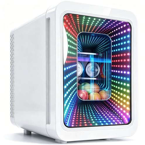 MoraRise 20L/22 Cans Mini Fridge with LED Infinity Mirror, Cooler & Warmer | Portable Gaming Fridges with Adjustable Shelves, AC/DC Small Fridges for Bedroom, Office, Car (White)