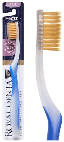 Royal Denta Zahnbürste Weich, weiche Zahnbürste für empfindliche Zähne und Zahnfleisch, Handzahnbürste mit antibakteriellen Goldpartikeln und Doppelborsten, ergonomisch & langlebig, Blau