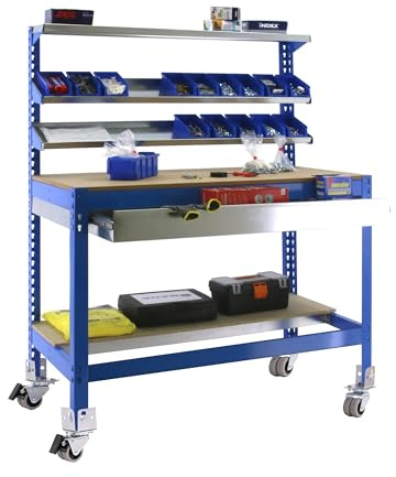 Simon Rack Banco de Trabajo Taller, Capacidad Carga 120 kg, 1520x910x610 mm, Mesa de Trabajo, Incluye Ruedas, 1 Cajón, Azul/Madera - BT1