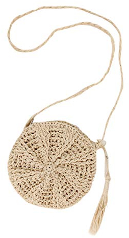 Faletony Sommer Runde Stroh Umhängetasche, Strandtasche Strohtasche Crossbody Strand Tasche für Damen Mädchen Frau, Khaki/Weiß (Weiß)