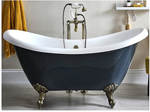 Milano Hest Stone Grey 1750mm x 730mm Double Ended Freestanding Slipper Bath Gold Feet