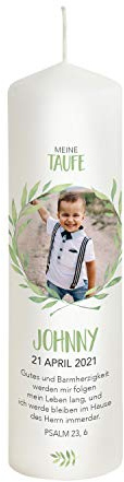Liamoria® Taufkerze mit Foto für Jungen im Kranz 25 cm Modell Johnny - Personalisierte Fotokerze zur Taufe