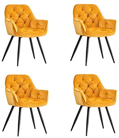 JaHECOME Esszimmerstuhl,Sessel,Samt,Wohnzimmerstuhl,Farbe wählbar,Retro-Design,Stoff,gepolsterter Sitz mit Rückenlehne,Schwarze Metallbeine für Küche, Schlafzimmer, Esszimmer(Gelb,4)