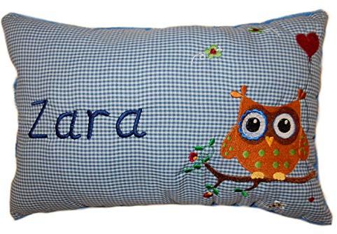 Momelie Blaues Schmusekissen * Kuschelkissen * Eule mit Ballon * mit Namen Bestickt * in der Größe 25 * 40 cm * SK-bl_0158