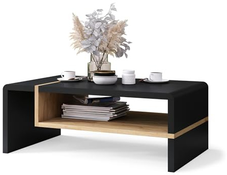 All4All Couchtisch Figo - Kleiner Kaffeetisch - Wohnzimmertisch – Sofatisch mit Brett - kompakte Größe - Sofatisch - 100x60cm - 05 - Schwarz + Gold Craft Eiche