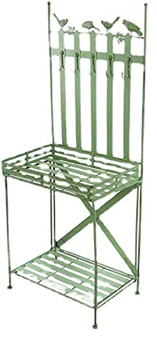 YYUN Metall Pflanztisch für Den Garten, Outdoor Pflanztisch mit 5 Haken, 2-stufig Bodenstehender Retro Gartenlagerregal Vogeldekoration, 60 X 41 X 150 cm (Color : Green)