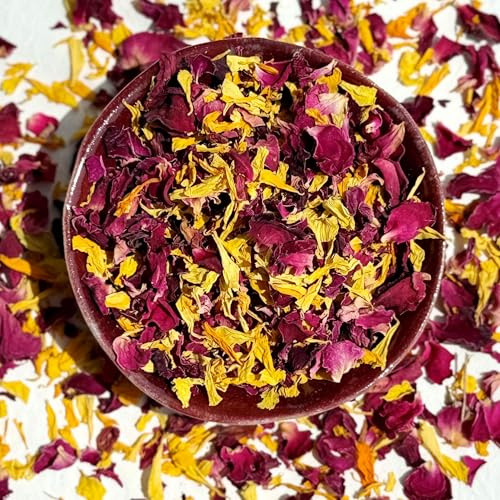 Edible Petals - 50g - Sunset blend of Natural Dried Red Rose with Yellow and Orange Marigold - Certified Food Grade (297)