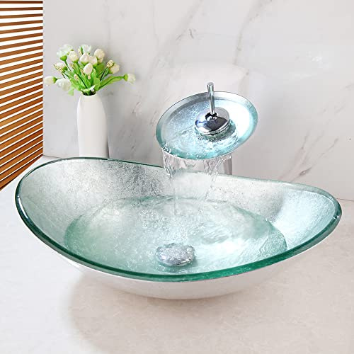 GLOBAOSALU Oval Glass Vessel Sink With Faucet And Drain Silver Green Bathroom Tempered Glass Basin Above Counter Bowl Sinks For Bathrooms Vanities Counter Top Mount Sink Bowls