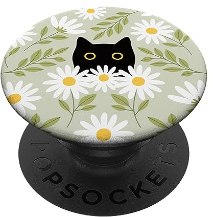 PopSockets Pop Grip:Niedliche Gänseblümchen, Blume, ästhetisch, schwarze Katze, Salbeigrün PopSockets mit austauschbarem PopGrip