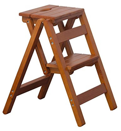 Hamankim Wooden Folding 2 Steps Ladder Stool Wood Ladders Indoor Outdoor Portable Multi-purpose Plant Stand Climb Steps Ladders for Kitchen Home Office