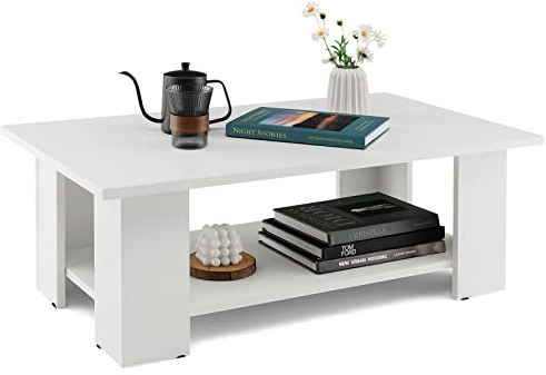COSTWAY 2 Ebenen Couchtisch aus Holz, Wohnzimmertisch modern, Kaffeetisch Beistelltisch bis zu 125kg belastbar, 90 x 52 x 40 cm, weiß