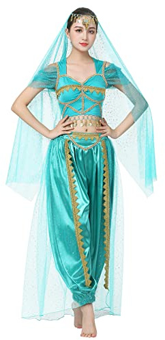 OBEEII Erwachsene Jasmin Kostüm, Damen Aladdin Kostüm Bauchtanzer Cosplay Karneval Fancy Dress Up Kostüm Blau M