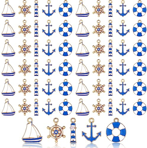 Kajaia 60 piezas surtidas de dijes náuticos de aleación, ancla de timón, barco, timón, marinero, azul marino, colgantes para manualidades, pulseras, collares, accesorios, adornos, fabricación de