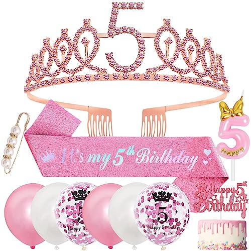 SWPEED 5th Birthday Decorations, Birthday Sash and Tiara, Candles, Balloons, Cake Topper, Gifts for 5 Year Old Girls