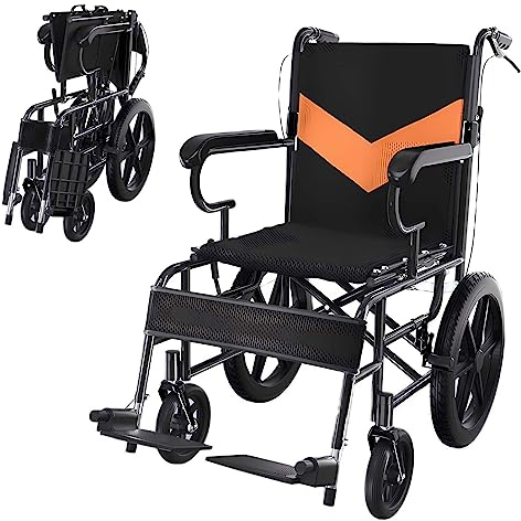 GHBXJX Ultraleicht Rollstühle für die Wohnung, Stahl Rollstuhl Faltbar Leicht bis 150kg Belastung, Reiserollstuhl für äLtere und Behinderte Menschen, Klappbare Rückenlehne, Sitzbreite 45cm, Schwarz
