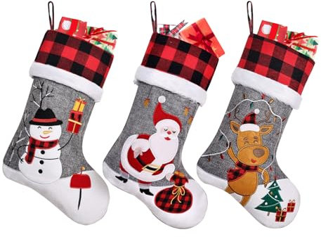 Duosheng & Elegant Weihnachtsstrümpfe 3 Stück Groß 50cm Nikolausstrumpf zum Befüllen für Kamin Christmas Stocking Leinen Weihnachtsstrumpf für Familie/Kinder