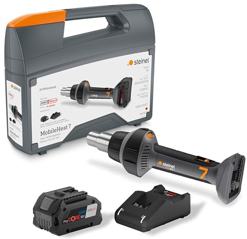 Steinel Akku-Heißluftpistole MobileHeat MH 7 Set, inkl. 8.0 Ah Bosch 18 V AMPShare Akku, Profi-Heißluftgebläse im Koffer, 150 – 550 °C, 200 l/min, 4 Sek. Aufheizzeit