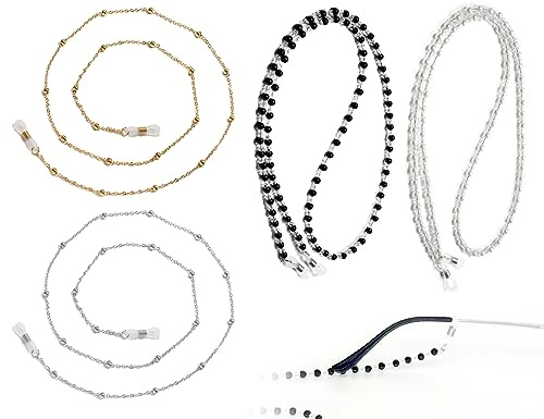 KAPSING 4 Stück Brillenkette, brillenkette damen, brillen kettenband damen, Bunte Brillenschnur Sonnenbrillen Kette(Schwarz,Weiß,Gold,Silber)