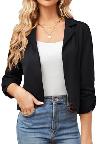 GRACE KARIN Travail Veste de Costume légère à Manches 3/4 pour Femme Casual Col Revers Blazer Court de Bureau S Tissu de Costume Noir