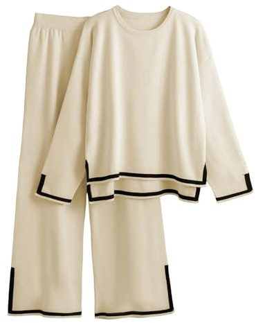 Cicano 2-delat set, kläder för kvinnor, stickad tröja, långärmad pullover, topp och byxor, lounge- och träningsoveraller Långärmad beige S