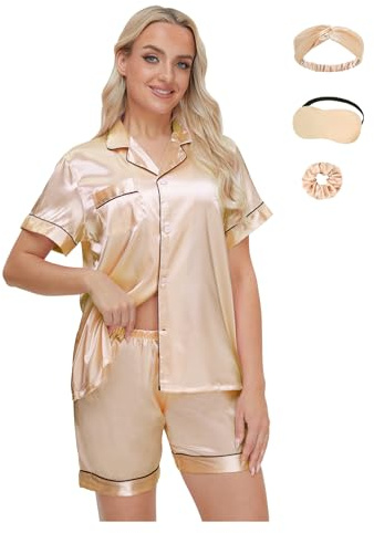EPLAZA Pyjama en Satin Soyeux avec Masque pour Les Yeux Bandeau pour Les Cheveux Attache pour Les Cheveux Manches Courtes Bouton vers Le Bas Sleepwear Loungewear Leisure Pjs (Champagne, S)