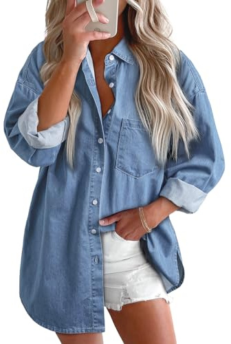 Astylish Ladies Denim Shirts for Women Trendy V Neck Button Down Long Sleeve Blouse Loose Fit Camp Shirts Beau Blue XX-Large