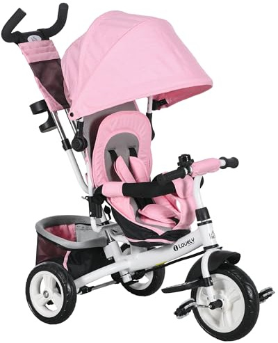 HOMCOM 6 in 1 Triciclo per Bambini 1-5 Anni con Maniglione, Tettuccio Regolabile, Cintura e Cestino, Passeggino Triciclo in Metallo e Poliestere, 102x49x102 cm, Bianco e Rosa