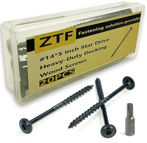 #14 X 5 Inch Exterior Deck Wood Screws, ZTF Star Drive Decking Timber Screws, Heavy Duty Black Coated Construction Wood Screw, Rust Resistant Lag Screws for Fence, Wood to Metal, Roofing, etc.（20PCS）