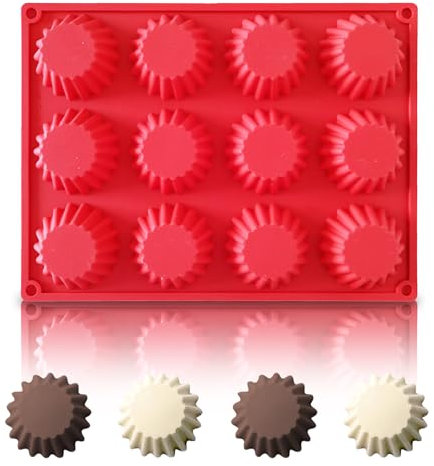 Ysqool Peanut Butter Cup Mold, 12 Cavity Non-Stick Silicone Candy Chocolate Mold for Bite Size Keto Fat Bombs, Dark Chocolate, Jello, Cordial and Brownie,Dishwasher Safe and Perfect for Baking, Red
