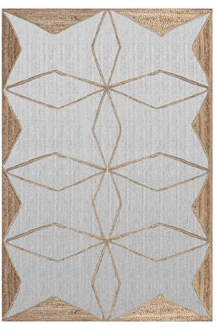 CASAVANI Handgefertigter Jute-Teppich, 25,4 x 35,6 cm, Weiß / Beige, umweltfreundlicher Teppich, natürlicher Jute-Teppich, Kelim-Teppich, nutzbar in großer Fläche im Esszimmer, Hauptschlafzimmer,