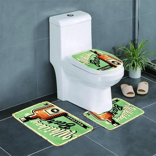 AELKSP Set de Tapis de Bain 3 Pièces,Old Welcome Whisky Bar Rétro Nourriture Boisson Vintage Bourbon Pub L,Ensemble Tapis Salle de Bain Extra Longs et Tapis Toilette WC Contour Absorbant