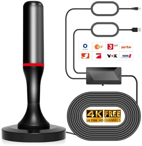 Antenna DVB-T/DVB-T2 HD, antenna TV per Smart TV con amplificatore e base magnetica per ricezione HD a 360°. Supporta 4K/1080P. Tutti i dispositivi TV DAB/UHF/VHF (cavo da 3 metri)