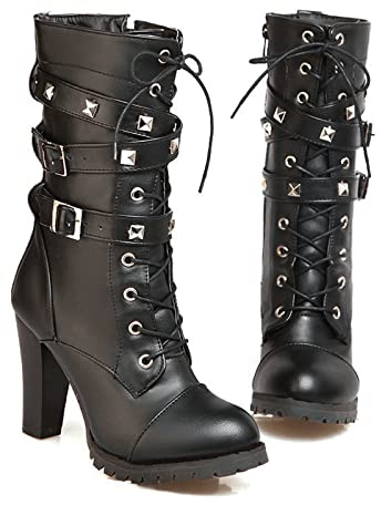 KUHAOFEU Bottines pour Femme Bottes Moto Style Gothique Punk Bottes De Motard avec Fermeture Éclair Bout Rond Clouté Chaîne À Lacets Bottes De Combat