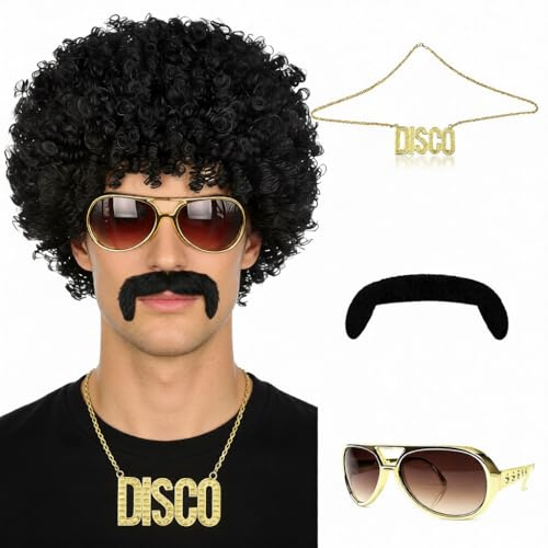 70er 80er Jahre Outfit Herren, für Halloween, Karneval, Kostüm | Enthalten 1 Perücke, 1 Brille, 1 Bart und 1 Halskette, Du Wirst im Mittelpunkt Stehen, Wenn Sie es Tragen