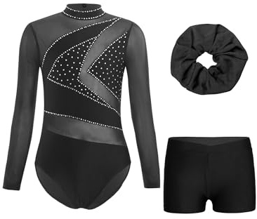 Miaeowve Kinder Mädchen Turnanzug Strass Glitzer Gymnastikanzug Langarm Ballett Body Mit Haarband Shorts Wettbewerb Tanzkleidung