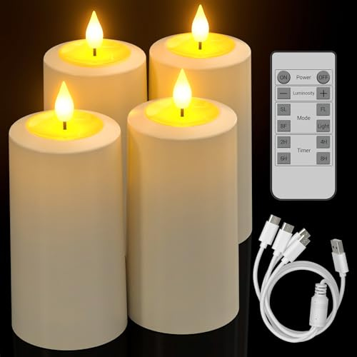 Yme 4er Set Wasserdicht LED Kerzen Aufladbar mit Fernbedienung H/D: 13x7 cm | Elektrische Wiederaufladbare Stumpenkerzen Flackernd mit Timer für Home Zimmer Outdoor Halloween Party Deko Weihnachten