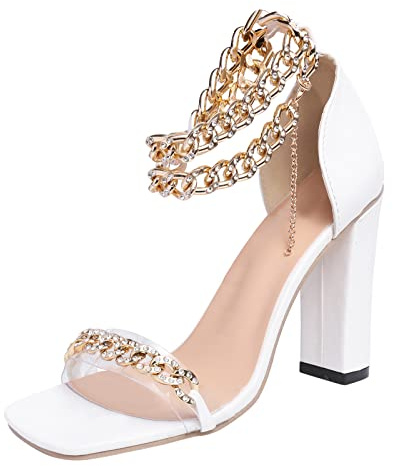 Elegant fritid, sommar, klackskor, damsandaler med klack, eleganta korsband, höga klackar, sandaler, transparenta kvällsskor, blockklack, kilsandaler, öppen tå, sommarskor, gummi, enstaka skor, Vit