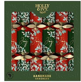 Holly and Ivy Deluxe Handmade Christmas Crackers – Holly & Berry Design – Luxury 12 Inch Crackers with Hats, Jokes & Gifts – Box of 6